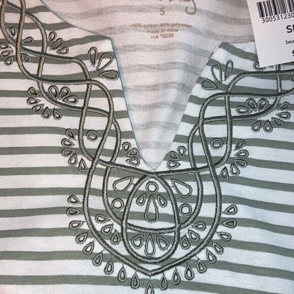 NWT Coral Bay Green and White Striped Embroidered Short Sleeve Blouse - Picture 3 of 4